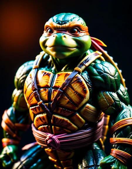 Muscular, teenage ninja turtle, in an imposing position, with a dark background, but with vibrant colors on its body. decorated with amber accents, masterpiece of art, visually stunning, intricate details, sharp focus, 55mm f/ 1.8 lens, depth of field, natural daylight <lora:ral-grilled-sdxl:1> made of ral-grilled