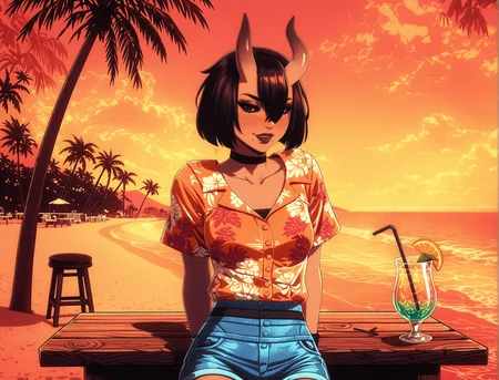 GLSHS,delicate colors,partially illuminated, (masterpiece, absurdres, very awa:1.4), golden hour, orange theme, sunset, beach, sand, palm tree, (cowboy shot, sitting on wooden stool, bar:1.1), drinking tropical drink, drunk, smug, looking at viewer, fortnitenightrose, 1girl, black hair, short hair, bob cut, bangs, hair between eyes, hair over one eye, asymmetrical horns, oni horns, skin-covered horns, black eyes, black sclera, sclera, closed mouth, mole, mole under mouth, black lips, lipstick, makeup, (collared orange hawaiian shirt with white floral pattern:1.3), denim khaki shorts, red sneakers <lora:GLSHS-IL:1.2>,  <lora:Fortnite_The_Night_Rose_All_Outfits_ILXL:0.8>, <lora:dmd2_sdxl_4step_lora:1>