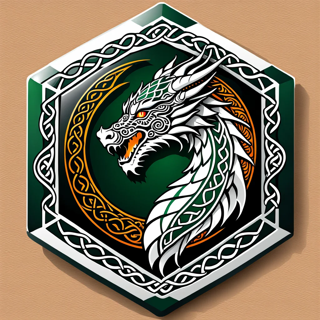 a hexagonal badge of a dragon, celtic, white logo,vector, <lora:badgemkrsdxl:0.9>, best quality, intracate border,