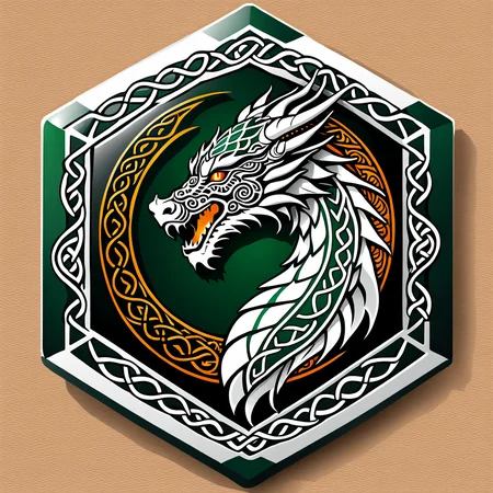 a hexagonal badge of a dragon, celtic, white logo,vector, <lora:badgemkrsdxl:0.9>, best quality, intracate border,