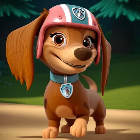 score_9, score_8_up, score_8, score_7, source_cartoon, Liberty(pp), solo, feral, dog, dog girl, long-haired Dachshund, brown fur, tan paws, tan belly, tan muzzle, brown nose, brown eyes, long ears, short tail, blue collar, shield shaped tag, blue and pink helmet, full body, looking at viewer, smiling, standing, forest background,