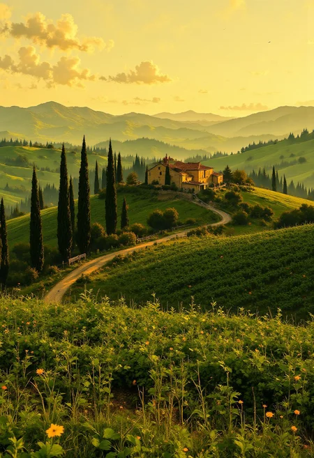 Tuscany Rolling Hills – Vineyards & Golden Light
"A picturesque valley in Tuscany, Italy, where rolling hills covered in vineyards stretch beneath a warm golden sky. Cypress trees line winding dirt roads leading to charming stone farmhouses. The late afternoon sun casts long shadows across the land, illuminating the lush green fields and creating a peaceful, timeless atmosphere."