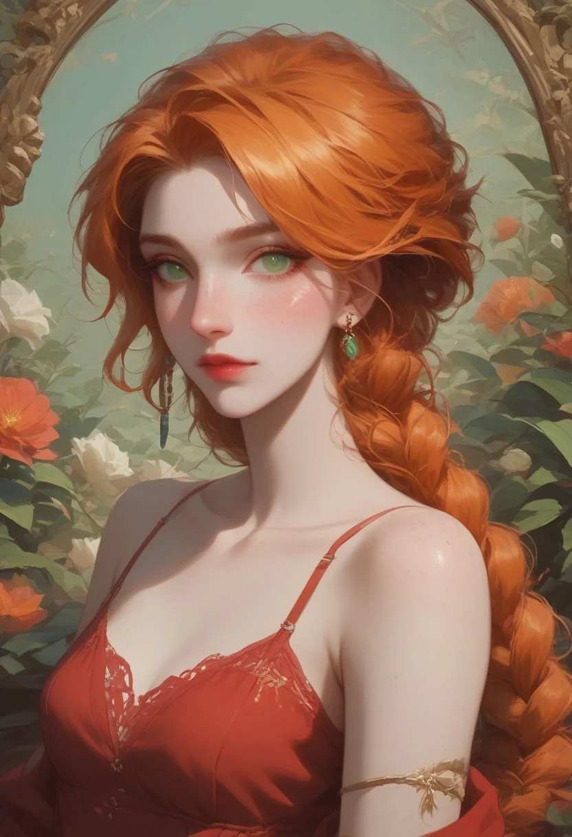 score_9, score_8_up, score_7_up, 1girl(NSLeahStarde, freckles, green eyes, orange hair, Long Hair, braid, small breasts, Makeup, Red dres), d3t41l3d, zPDXL, absurdres, gh1bl1, Expressiveh,