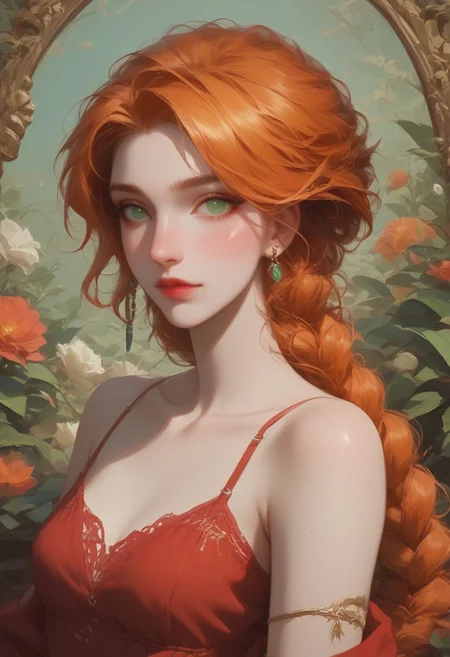 score_9, score_8_up, score_7_up, 1girl(NSLeahStarde, freckles, green eyes, orange hair, Long Hair, braid, small breasts, Makeup, Red dres), d3t41l3d, zPDXL, absurdres, gh1bl1, Expressiveh,