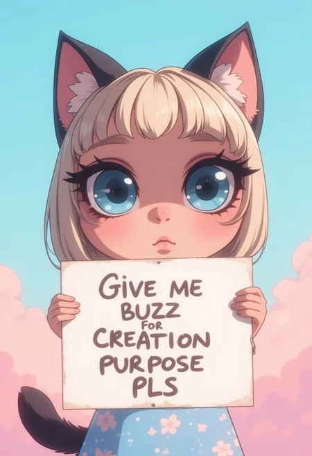 (((8k resolution))), (((absolute masterpiece))), (((best quality))), ultra detailed, score_9, score_8_up, score_7_up,
A cute humanoid cat-girl with big, expressive, glossy eyes like those of Puss in Boots from the Shrek movies. She has soft black cat ears, a small nose, and a fluffy black cat tail. She is wearing a simple cute dress in soft tones like blue. Her face is sweet, with a slightly pleading expression, and her large eyes are wide, full of innocence and charm. She is holding a sign in front of her with the handwritten message: ‘Give me buzz for création purpose pls’ The background is dreamy and light, with soft clouds or a pastel sky, creating a warm, friendly atmosphere. The overall style is colorful, cute, and cartoonish, perfect for a fun and engaging online appeal.