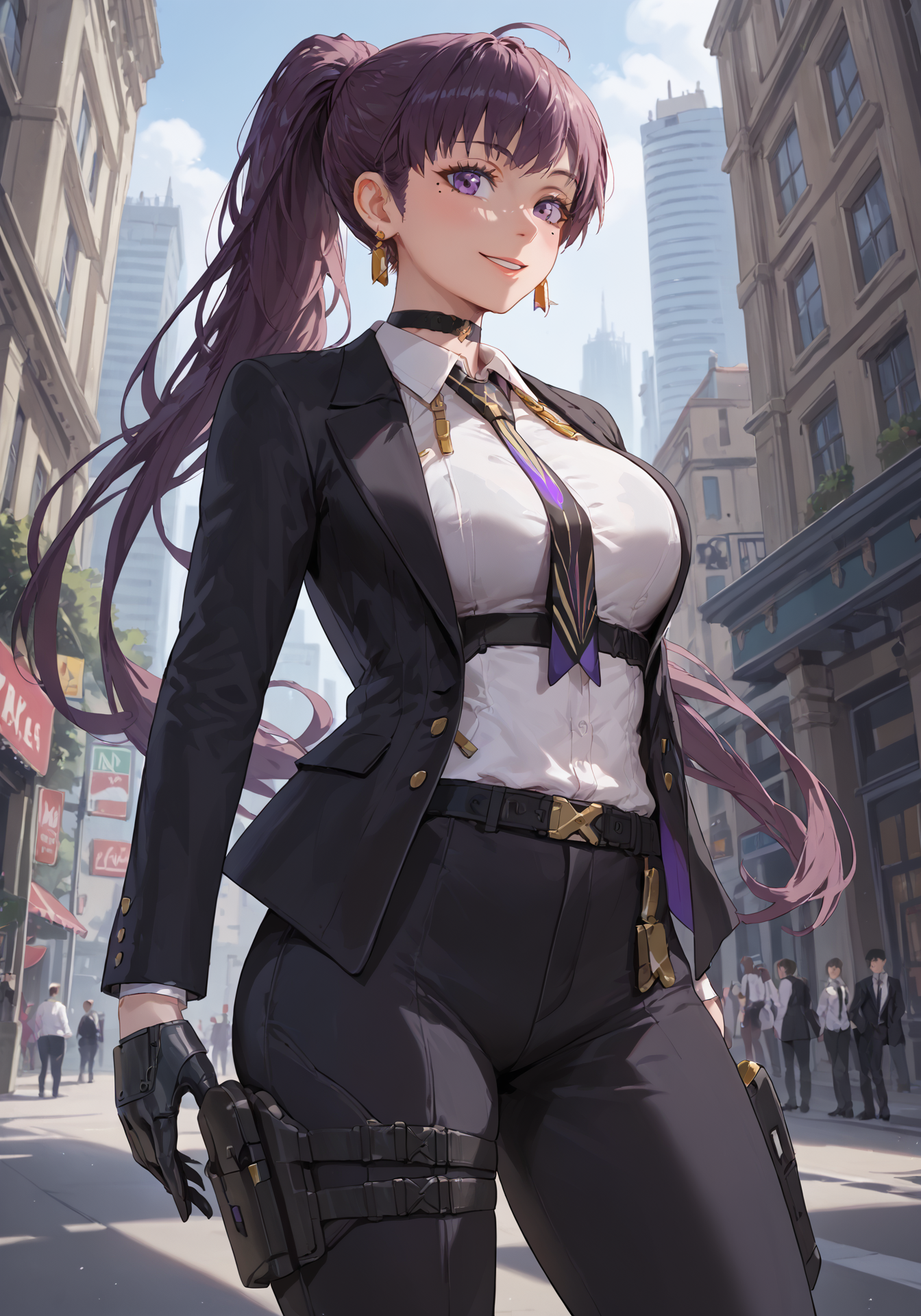 1girl,nikkedollasuit,black mechanical boots,black suit jacket,black pants suit,black gloves,golden jewelries on collar,dress shirt,golden earrings,black holster on thigh,black choker,buckle,golden purple black necktie,mole under eye,harness under breast,
cowboy shot,light smile,
score_9,score_8_up,score_7_up,masterpiece,best quality,amazing quality,<lora:pony nikke dolla-000011:0.9>,