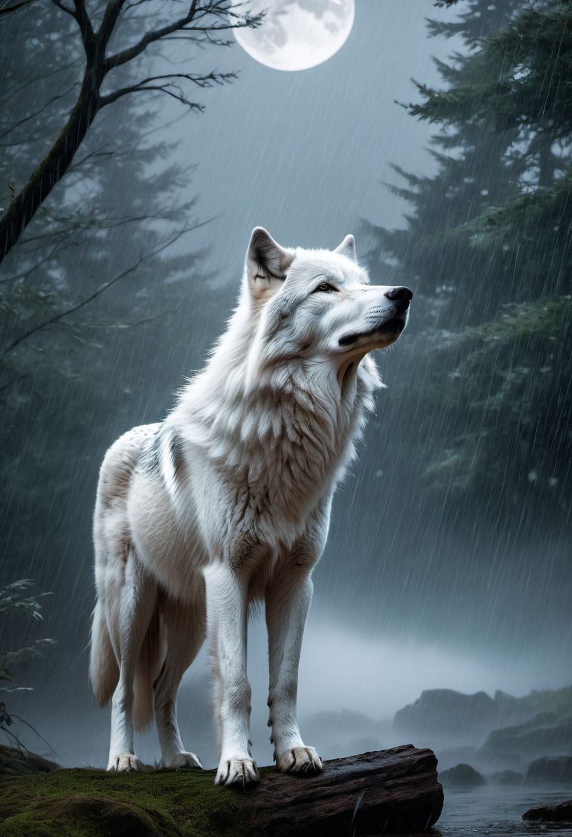 white wolf, sad, determined. lonely wolf, abandoned by his pack, looking at his friends from far away, (((howling)))m white fur, Royal, in a heavy rain, full moon, it's head is down, Photorealistic, volumetric shading, Hyperdetailed, Dystopian, Elemental, Ethereal, Photorealistic, perfect composition, beautiful detailed, 8k artistic photography, soft natural volumetric cinematic perfect light, award - winning photograph, masterpiece,