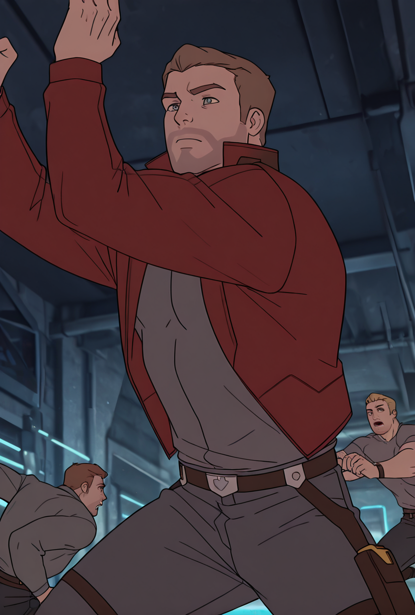 <lora:starlord-10:1> starlord, 1boy, dirty blonde hair, red jacket, gray shirt, short hair, open jacket, dynamic pose,, masterpiece, best quality, amazing quality, very aesthetic, absurdres, newest,