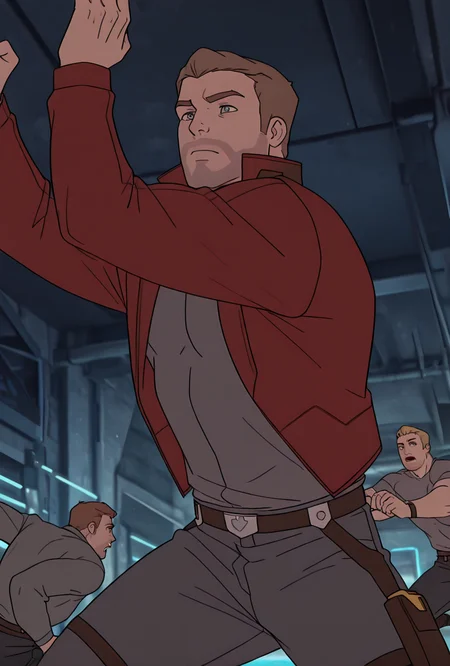 <lora:starlord-10:1> starlord, 1boy, dirty blonde hair, red jacket, gray shirt, short hair, open jacket, dynamic pose,, masterpiece, best quality, amazing quality, very aesthetic, absurdres, newest,