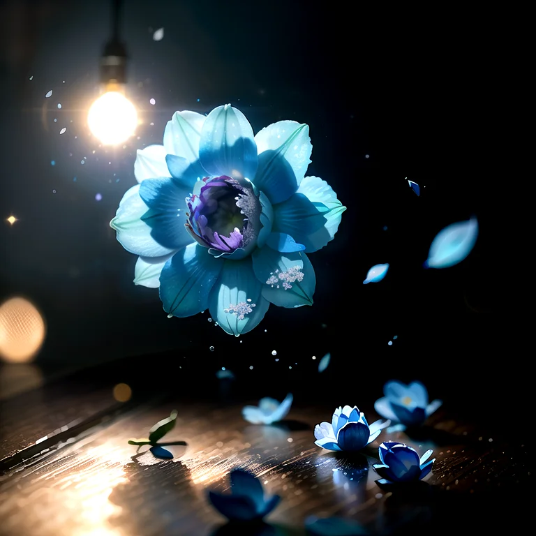 photoreal+, photorealistic+, (large blue flower falling)++ on the table, 1flower, solo, flower petals scattered around, (macro photography), dramatic lighting, atmospheric, vaporwave, diamond dust bokeh, freeze frame