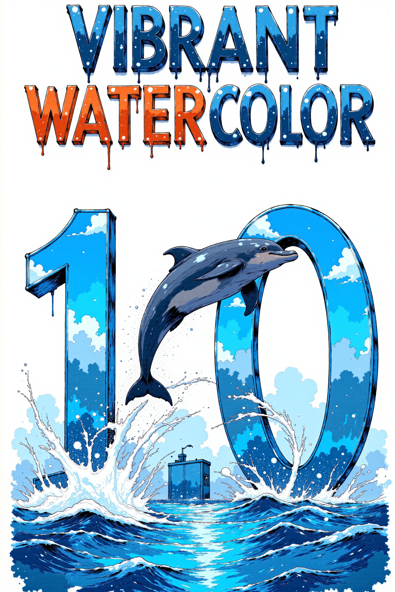 A shiny reflective chrome (text says "VIBRANT WATERCOLOR":1.2) and (digit "1.0":0.6), sparkling drops of water flow down the digits, floating mid-air above a stunning (open sea sunset, far from coast). Vibrant colors graffiti sleek style. (A large dolphin easily and elegantly jumps through the middle of digit "0") towards the viewer as through a hoop, captured mid-jump flying through, a trail of shiny splashes and droplets follows him.