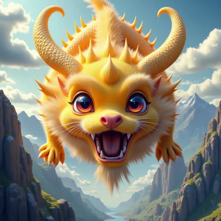 masterpiece, ultra high resolution, no people, nobody, clouds, buildings, red eyes, horns, open mouth, sky, oriental dragon, cloudy sky, flying, close-up of a golden dragon surrounded by fjord landscape extending to the horizon, breathtaking footage, dynamic shot, looking at the viewer,