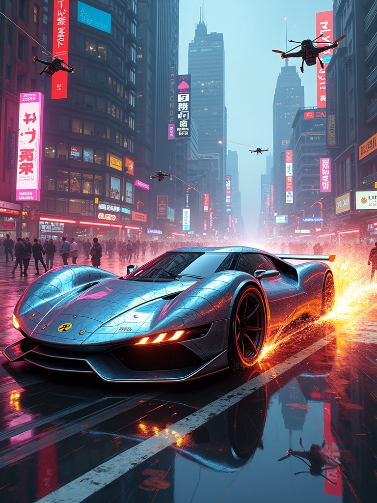 The painting is rendered in an exaggerated, hyper-stylized sci-fi style. The brushstrokes are bold and dynamic, creating a sense of speed and energy. The colors are a vivid explosion of neon and metallic hues, with a constant play of light and shadow. The texture is a combination of smooth surfaces and sharp edges, giving a sense of high-tech and futuristic design.
Scene Description: In the center of a chaotic urban landscape, a sleek and powerful sports car blazes a trail of light. The car is a work of art, with a streamlined body that seems to be made of liquid metal. Its surface is covered in thousands of tiny reflective panels that catch and refract the light in a dazzling display. The car's tires are massive, with glowing treads that leave trails of fire as it speeds through the city. The background is a cityscape of towering skyscrapers and neon signs, all bathed in a kaleidoscope of colors. Flying vehicles and drones buzz around the car, adding to the chaos and excitement.
Composition: The sports car is the focal point of the painting, positioned diagonally across the canvas to create a sense of movement. The cityscape and flying objects frame the car, leading the eye around the scene. The composition is asymmetric and full of energy, with no clear center but a constant flow of action.
Color Palette: The colors are a vivid mix of electric blues, purples, pinks, and golds. The car is a combination of metallic silver and neon accents, while the cityscape is a riot of colors. The light reflected by the car's panels creates a rainbow of hues that add to the visual impact.
Light and Shadow: A harsh, bright light shines on the car from multiple angles, creating deep shadows and highlighting the reflective surfaces. The cityscape is bathed in a soft glow of neon lights and holographic projections, creating a contrast between the bright and the dark. The light and shadow add drama and intensity to the scene.
Detail: Every aspect of the painting is filled with intricate details. The car's body is covered in tiny mechanical parts and symbols, while the reflective panels are highly detailed and show a distorted view of the surrounding city. The cityscape is filled with small details such as people, signs, and flying objects, all adding to the sense of chaos and excitement.
