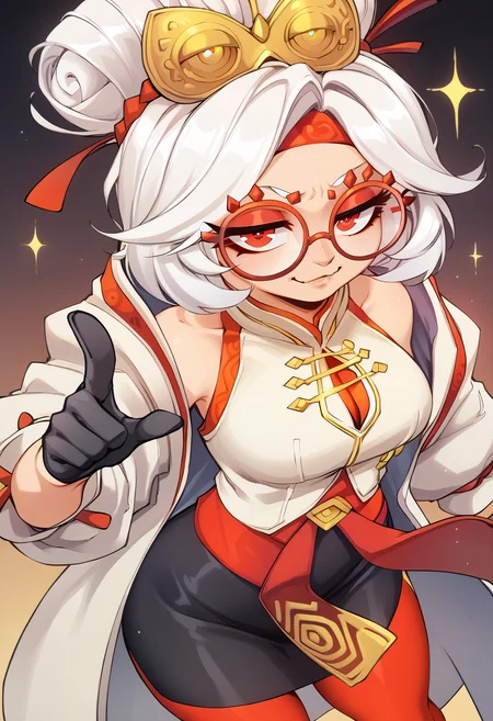 score_9, score_7_up BREAK purah,white hair,red eyes,hair ornament, red headband, red glasses, sleeveless shirt, white coat, black skirt, red leggings, gloves,smug  <lora:purah-pdxl-nvwls-v1:0.8>  <lora:gofa_pd:1>