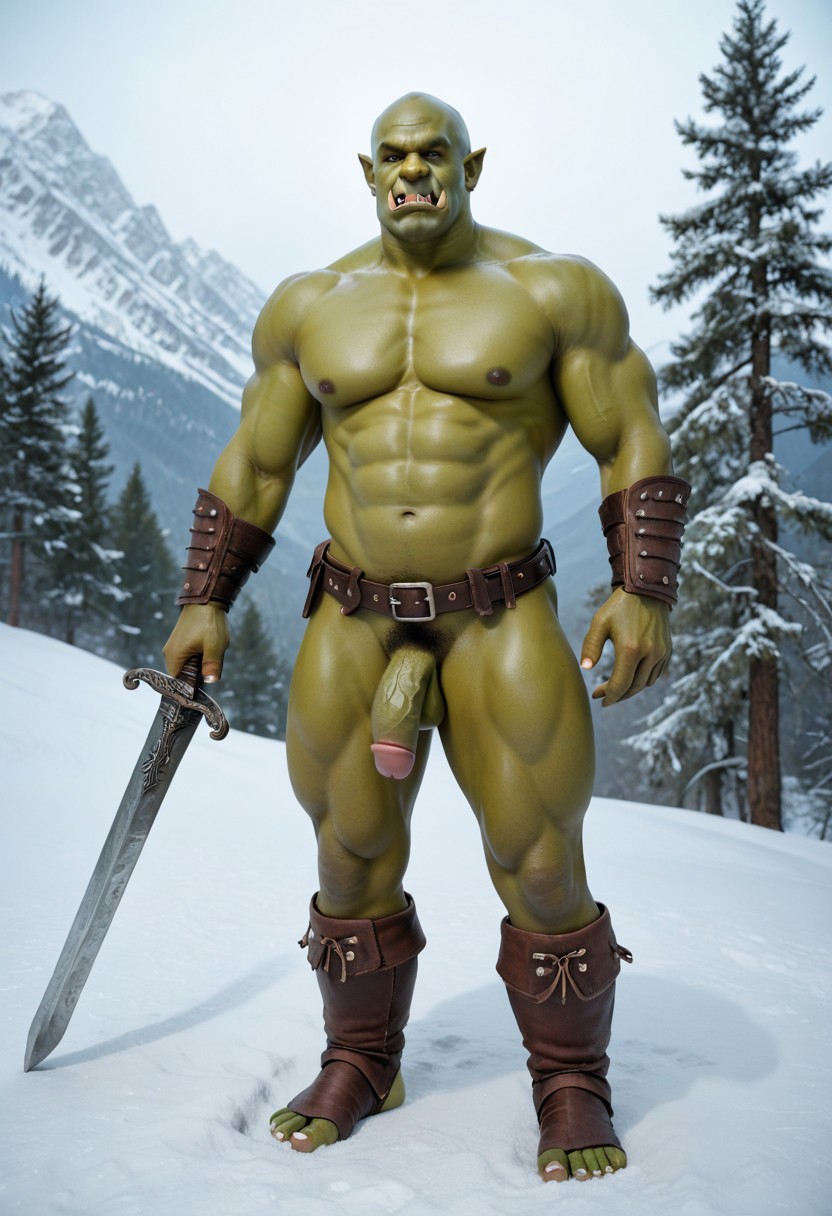 , orc_male, snow, mountains, belts, sword, epics, armor, trees, sword, detailed background, muscular male male focus solo pectorals green skin 1boy bara muscular abs penis nipples large pectorals stomach completely nude navel nude orc tusks male pubic hair colored skin thighs monster boy flaccid bald testicles short hair pubic hair feet out of frame thick thighs uncensored best quality masterpiece 4k uncensored prefect lighting rating_explicit very aesthetic