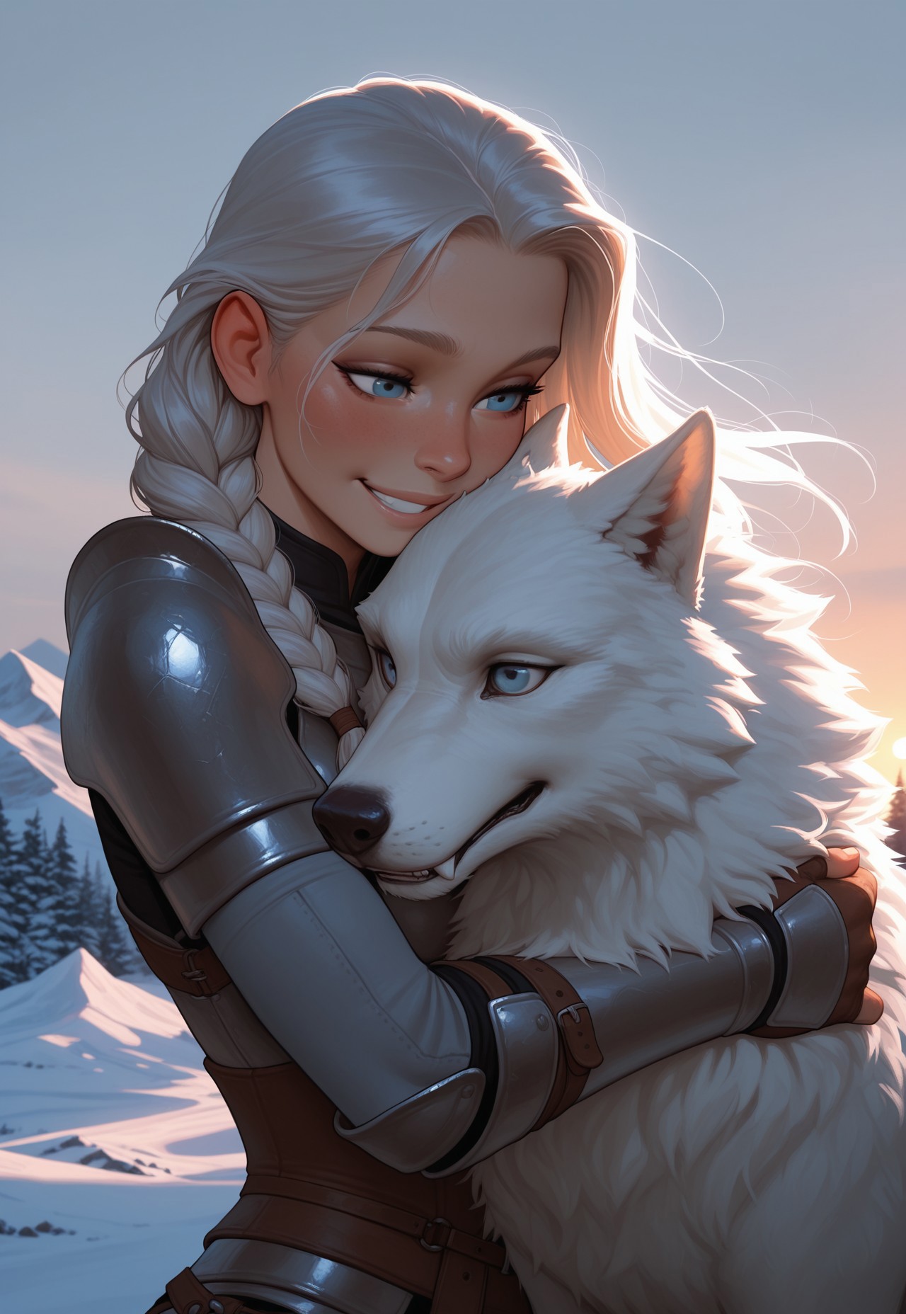 HDR, 8K, masterpiece, best quality, amazing quality, very aesthetic, realistic, newest, volumetric lighting, (flat colors:1), incoth, (incase:0.6),

1 female warrior, frozen tundras background, outdoor, braided silver hair, hugging a white wolf, smiling
