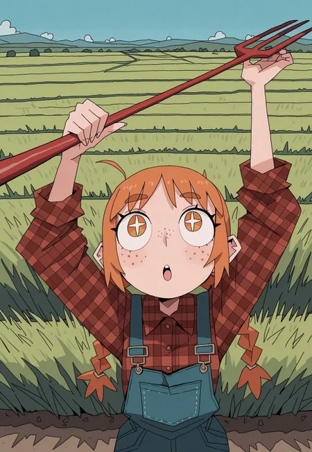 masterpiece, best quality, very aesthetic, 0huton_illu,
solo, upper body, looking up, arms up, holding one pitchfork, +_+, :o,
overalls, plaid shirt, (unmoving_pattern), ginger hair, braid, long hair, freckles, rural, landscape