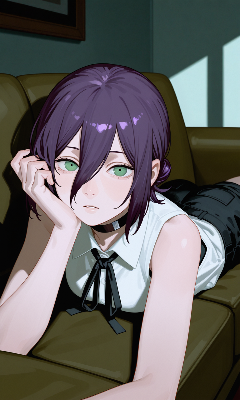embedding:IllusP0s, sa1t, painterly, reze_\(chainsaw_man\), purple hair, green eyes, black choker, sleeveless, white shirt, black ribbon, black shorts, contrast lighting, lying, couch, indoors, looking at viewer, parted lips, leaning, head on hand, on side,<lora:sait.safetensors:1.3:1.3>