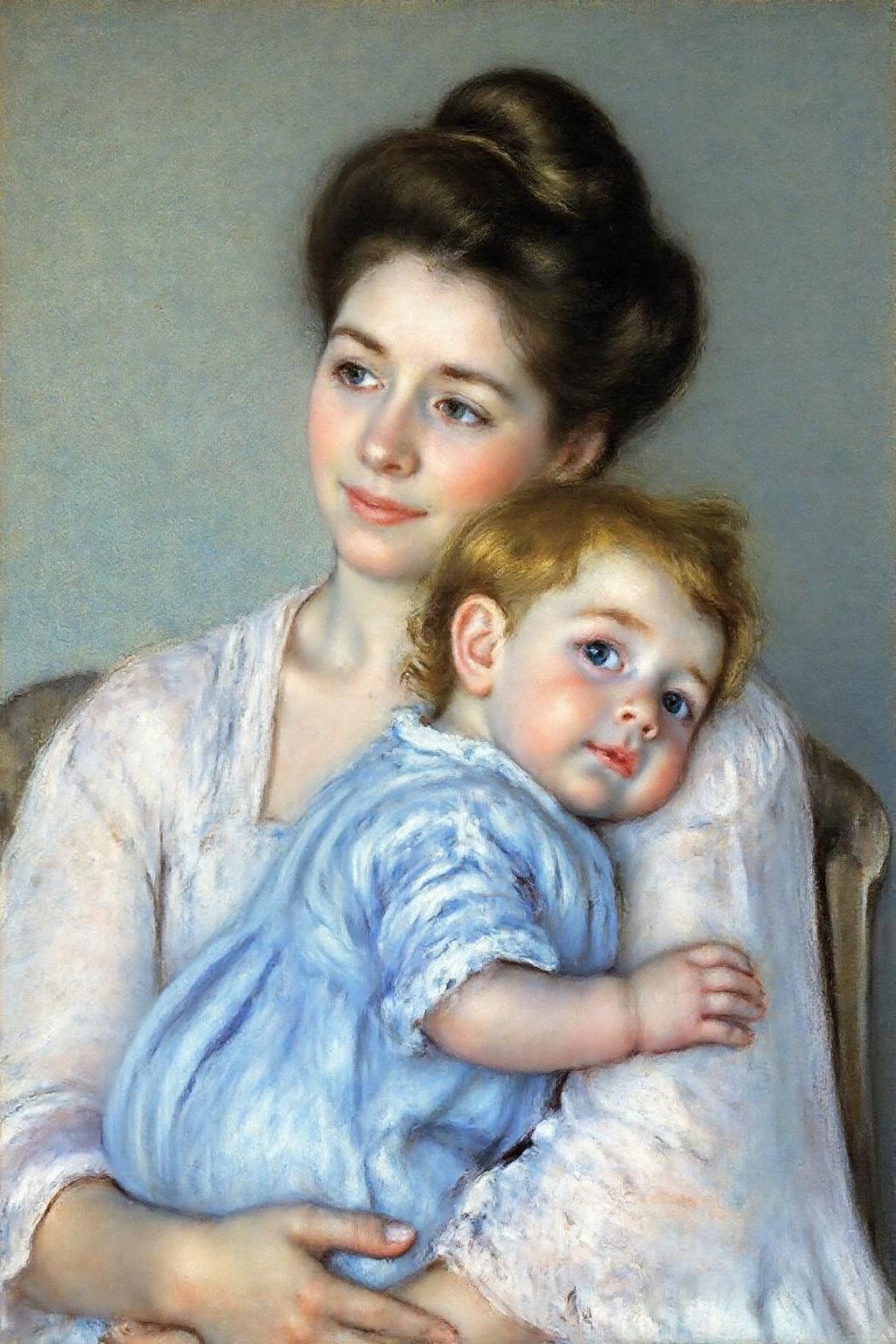 marycassatt1 painting.
A tender scene of a mother and baby. The woman, with her dark hair styled in an elegant updo, gently cradles a baby. The woman's expression is serene and loving, and she has a soft, gentle smile. The baby wearing a blue dress,  is turning his head, looking back. 
 <lora:marycassatt1_cap_d6a3e17:1.0><lora:833897836723781870:0>