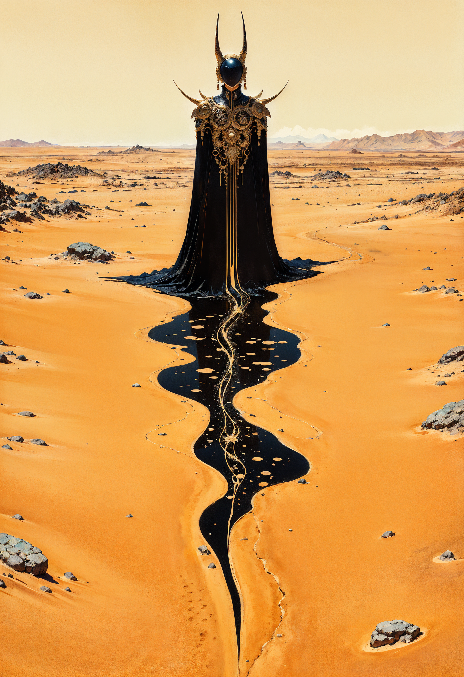 (in Otomo Katsuhiro style:1.2), high-quality, masterpiece, A figure standing in the center of a vast, empty desert, their body casting a long, distorted shadow that bends and twists unnaturally across the sand, Style is Surreal and abstract, Lighting is High contrast with harsh desert sun, Elongated shadows, distorted light, desert minimalism, sharp contrasts, (elaborately detailed attire with extraordinary elements:1.1), (hyperdetailed:1.1), (intricate details:1.0), (Refined details:1.1), (best quality:1.1), (high resolution:1.2)