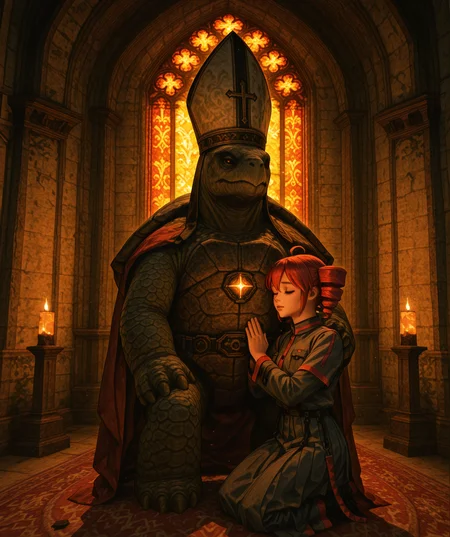 (kingpin, realistic, masterpiece, best quality, amazing quality, very aesthetic, absurdres, newest:1.4), sfw, solo, 1girl, (kasane teto as turtle pope:1.3), anthropomorphic turtle with red twintail twindrill hairstyle, red eyes, turtle shell with ornate patterns, praying pose, hands together in front of chest, serene and reverent expression, kneeling or standing in holy posture, eyes gently closed or gazing upward with grace, glowing divine light rays, ambient spiritual warmth, ancient chapel or ruined cathedral, mossy stone walls, ivy, shattered stained glass, floating magical particles, cinematic holy atmosphere, elaborate robes draped over shell, sacred and majestic presence, highly detailed texture on skin and shell, soft volumetric lighting, focused composition, 3d rendering, <lora:dmd2_sdxl_4step_lora:1>, <lora:Kingpin_-_Life_of_Crime_Style_E17_DIM16_ILXL_V1.2:1>, <lora:turtle_pope_r1:1>
