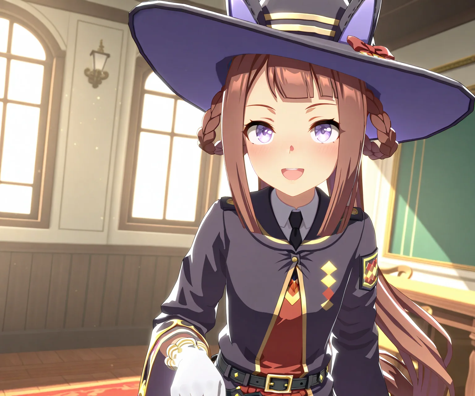 masterpiece, best quality, amazing quality, , 1girl,  solo, looking at viewer,   <lora:Sweep Tosho in game style 3D ILL-v2:1> ummsmingame, 3d, sweep tosho \(umamusume\), open mouth, smile,