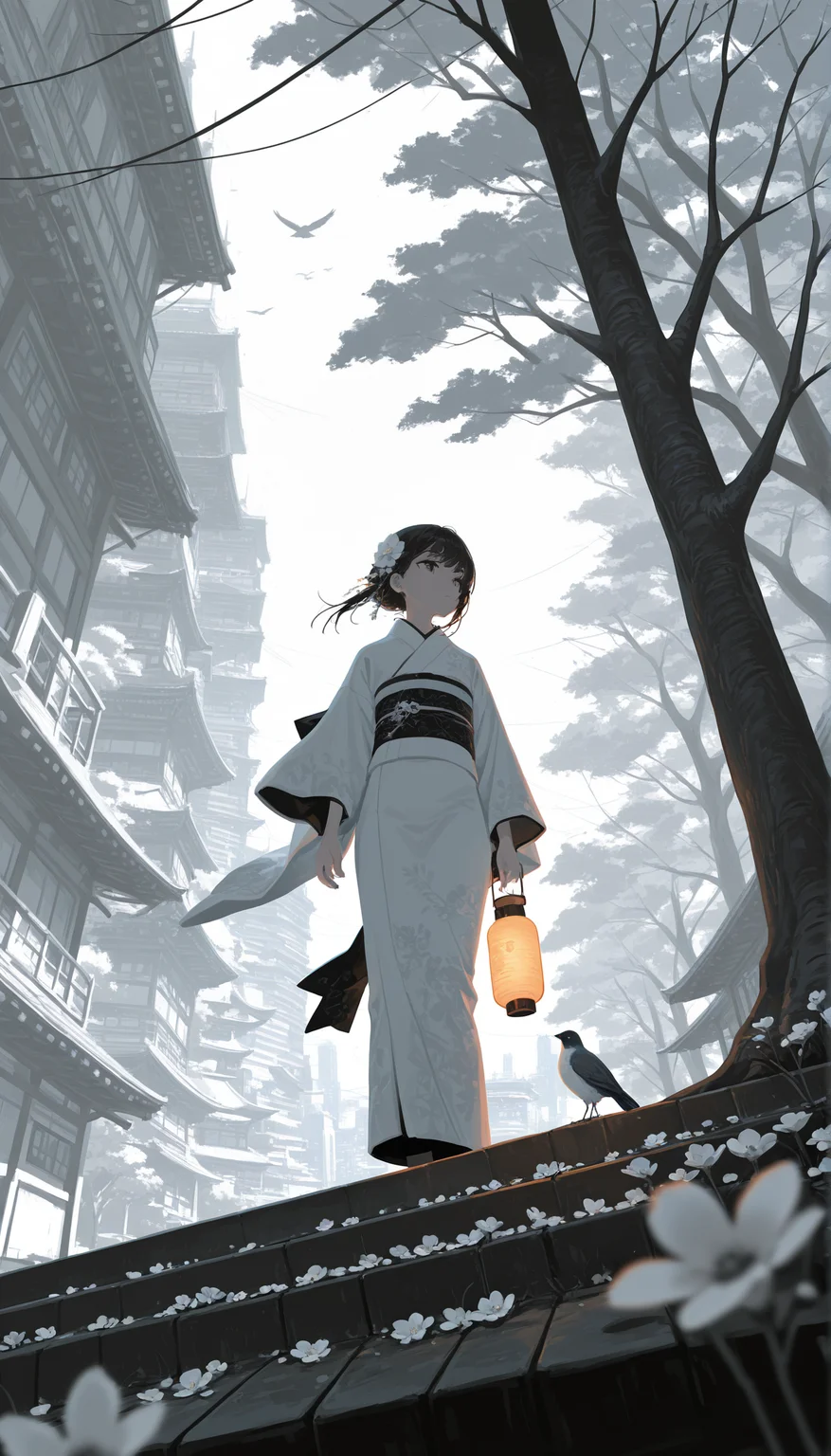 masterpiece, best quality, newest, highres, absurdres,no lineart, no outline, detailed, 1girl, solo, black hair, hair ornament, flower, outdoors, japanese clothes, hair flower, kimono, tree, sash, bird, lantern, chromatic aberration, white theme,limited palette, cityscape,dynamic angle,perspective,blurry foreground, scenery
