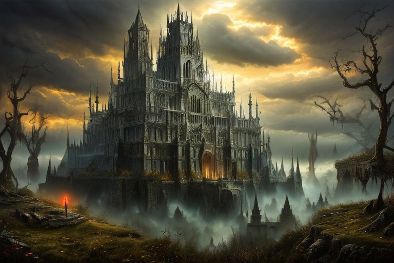 RAW photo, (masterpiece:1.3), subsurface scattering, heavy shadow, (high quality:1.4), (intricate, high detail:1.2), professional photography, HDR, High Dynamic Range, realistic, ultra realistic, photorealistic, high resolution, film photography, ambient lighting, atmospheric effects, <lora:detail_slider_v4:2>, OverallDetail,  <lora:Evil:1> , cloud, cloudy sky, evilrealm, fantasy, grass, holding, holding weapon, lightning, no humans, scenery, stairs, sword, tower, tree, wings