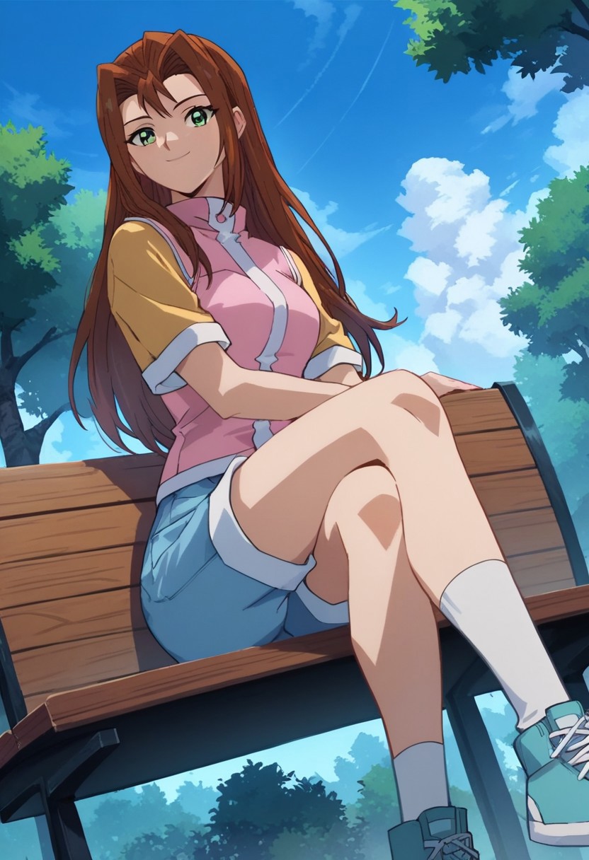 score_9, score_8_up, score_7_up
YGOSerenityWheeler, 1girl, long hair, brown hair, hair intakes, green eyes, brown eyes, yellow shirt, short sleeves, pink vest, blue shorts, white socks, blue foorwear, sneakers, solo,
Rating_safe
uncensored, score_9__up, score_9, score_8_up, score_8, score_7_up, score_7, score_6_up, score_6, score_5_up, source_anime, anime screencap, anime coloring, highres,
bare shoulder, breasts, bare feet, toes
smug, sitting, crossed legs, outdoors, 1girl, bench, trees, sky, clouds, sun, looking at viewer, day, forest, cowboy shot, upper body focus, (Dutch angle:1.4)