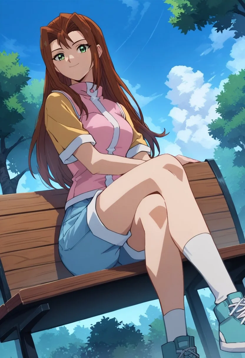 score_9, score_8_up, score_7_up
YGOSerenityWheeler, 1girl, long hair, brown hair, hair intakes, green eyes, brown eyes, yellow shirt, short sleeves, pink vest, blue shorts, white socks, blue foorwear, sneakers, solo,
Rating_safe
uncensored, score_9__up, score_9, score_8_up, score_8, score_7_up, score_7, score_6_up, score_6, score_5_up, source_anime, anime screencap, anime coloring, highres,
bare shoulder, breasts, bare feet, toes
smug, sitting, crossed legs, outdoors, 1girl, bench, trees, sky, clouds, sun, looking at viewer, day, forest, cowboy shot, upper body focus, (Dutch angle:1.4)