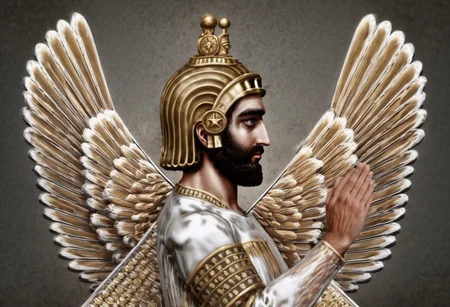 1boy, wings, fullbody, eye catching image of Cyrus the great, realistic