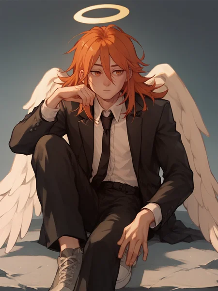 score_9, score_8_up, score_7_up, score_6_up, score_5_up, <lora:4ng3ld3v1lXLP:1> 1boy, halo, 4ng3ld3v1l, orange hair, angel wings, suit, black necktie