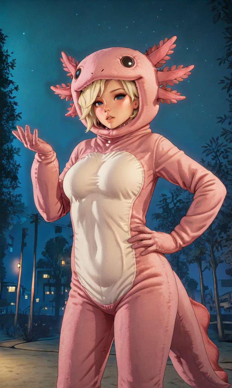 embedding:IllusP0s, GTAV5LS-ILV1.0, 1girl, solo, night, outdoors, axolotl costume, one hand on own hip, looking at viewer, parted lips, mercy_\(overwatch\)<lora:GTAV5-Loading-IL-000012.safetensors:1.0:1.0> <lora:axolotl costume_illustrious.safetensors:0.8:0.8>