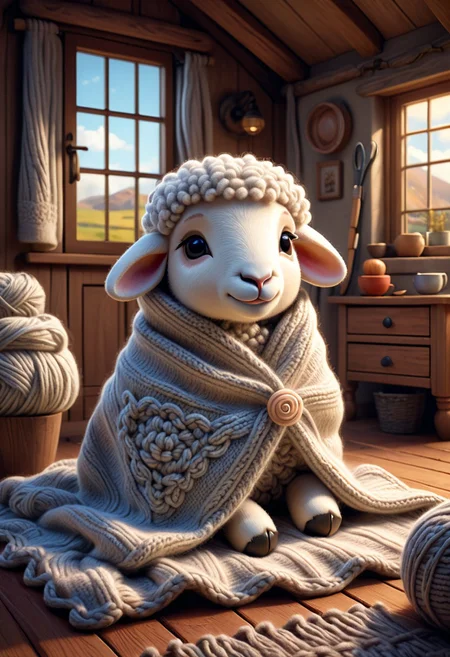 An intricately drawn sketch of a chibi sheep wool knitting a blanket from its own wool whilst in a warm and inviting cottage. mesmerizing, solo, vibrant, Masterpiece, (8k:1.5), perfect anatomy, enhanced resolution, best quality, enhanced details, best artist, sharp edges, detailed textures, ((full body shot)), atmospheric lighting, visually stunning, perfect composition, trending on behance