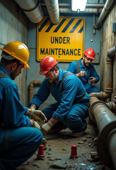 A group of plumbers,performing maintenance work on water pipes. underground,sign,behind them,painted in black and yellow caution colors,that reads 'Under Maintenance',The scene is busy and detailed,masterpiece,best quality,very aesthetic,absurdres,ai-generated,realistic,depth of field,