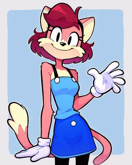 score_9_up, score_8_up, score_7_up, score_6_up, by remanedur, half-length portrait, short hair, furry female, female, furry, dipstick tail, black eyes, pink fur, white gloves, looking at viewer, ankle band, solo, smile, happy, three-quarter view, head tilt, blue shirt, blue skirt, slim, spats, tail, toony, simple background, white outline, <lora:Leah_Pines(AIM)_XL_v1:0.15> <lora:PDXL_artist_tags_v2_big:0.15> <lora:Sarah_N._Dippity_AtroxChobatsu:0.9>