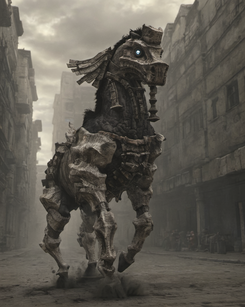 giant horse running through the city,cinematic,50nm dof,bokeh,realistic,sharp focus,ultra detailed,128k uhd,awardwinning,trending on artstation,hyperdetailed photography,  <lora:Colossus-000004:0.8>