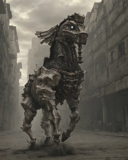 giant horse running through the city,cinematic,50nm dof,bokeh,realistic,sharp focus,ultra detailed,128k uhd,awardwinning,trending on artstation,hyperdetailed photography, <lora:Colossus-000004:0.8>