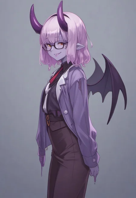 score_9, score_8_up, score_7_up, score_6_up, 1girl, solo, source_anime, purple skin, scar on face, freckles, slime hair, slime girl, pointy ears, demon wings, huge horns, drooling, bangs, hair over eyes, undead, hairband, glasses, suit jacket, white pencil skirt, long skirt, pantyhose, hairband, small breasts, skinny, curly hair, medium hair, hime cut, brown eyes, profile, winking smile, v