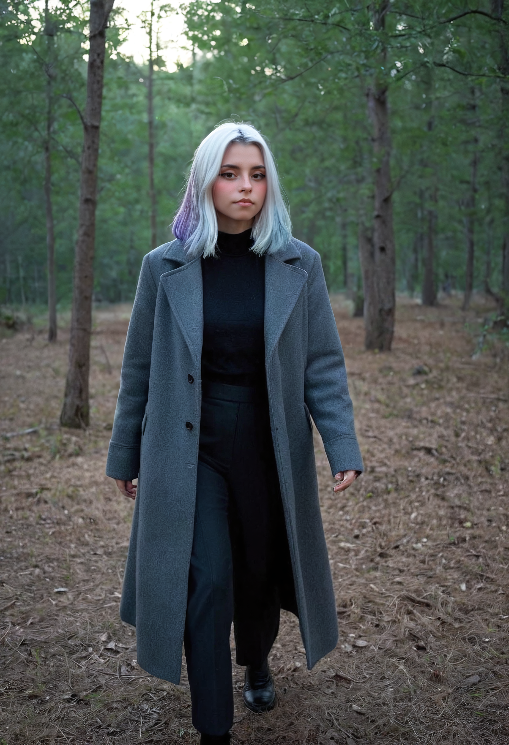 mentaldora, 1girl, walking alone in forest at twilight, wool coat, her breath visible, low sun streaking between trees, handheld film style, ambient haze, Canon 50mm, cinematic aesthetic lighting, film look, shot on film, (fully clothed:1.3), looking at viewer, white hair, multicolored hair, two tone hair, <lora:mentaldora_v2:1.0000000000000002>