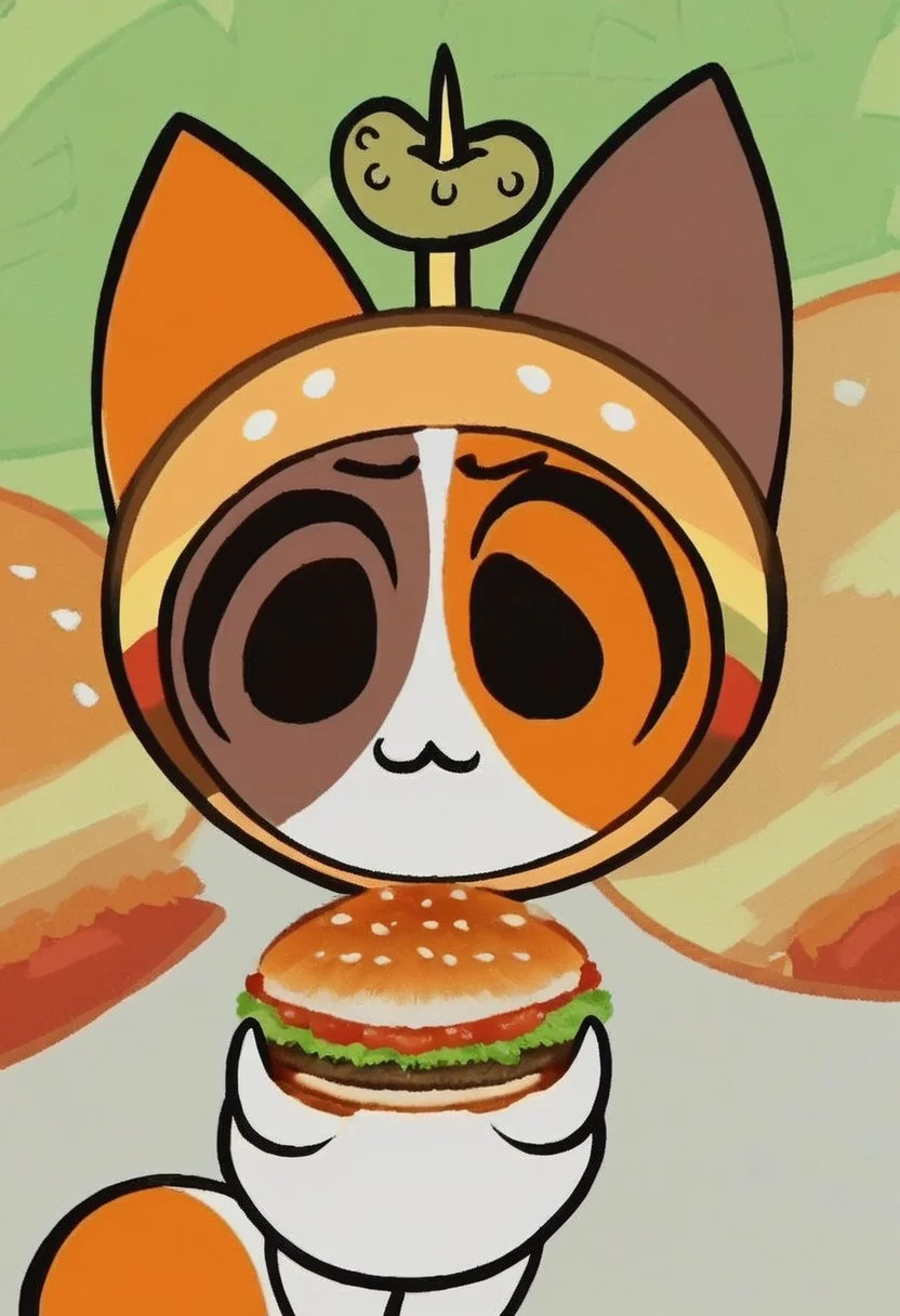 score_9, score_8_up, score_7_up, score_6_up, cheezborger, cat, burger, pickle, chibi, cute, solo, solo focus, dot eyes