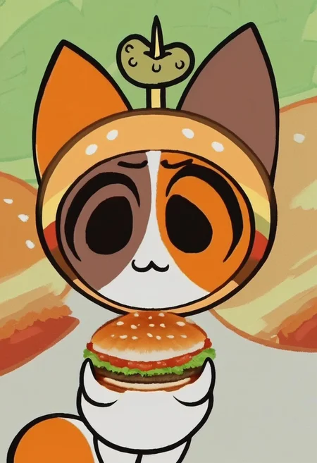 score_9, score_8_up, score_7_up, score_6_up, cheezborger, cat, burger, pickle, chibi, cute, solo, solo focus, dot eyes