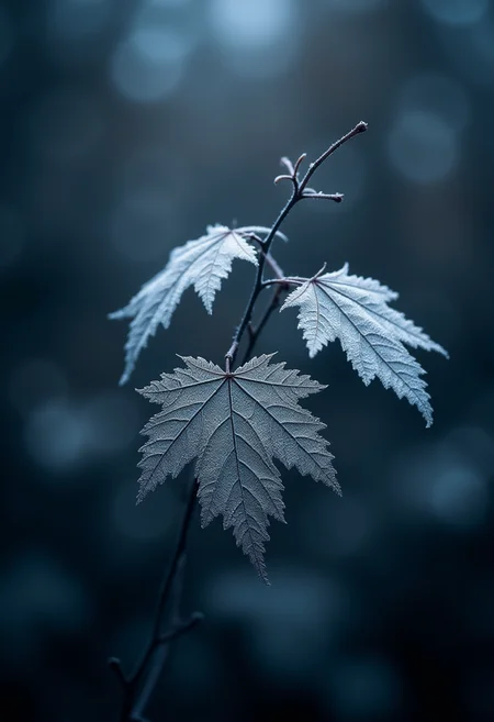A striking, artful photograph that showcases the moonlit shadows and cold light of fall. The silvery Seraphic leaves, captured gracefully in mid-autumn, create a mesmerizing dance of textures and patterns against the dark sky. Some night frost has settled as ice on the leaves. A soft bokeh effect in the background adds depth and contrast, while the large format photography captures every last detail. The cosmic sky theme conveys an air of mystery and awe as the viewer is transported to a world of stars, galaxies, nebulae and planets. The rear view of the scene is beautifully captured from a low angle, enhancing the artistic composition and immersing the viewer in the surreal atmosphere. ,