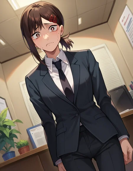 score_9, score_8_up, score_7_up, source_anime,
kobeni-higashiyama, <lora:kobeni-higashiyama-ponyxl-lora-nochekaiser:1>,
kobeni higashiyama, black hair, hair ornament, hairclip, mole, mole under eye, ponytail, short hair, brown eyes, crying, frown,
black necktie, black pants, business suit, formal, long sleeves, necktie, pants, suit,
indoors, office,
looking at viewer, cowboy shot, dutch angle,