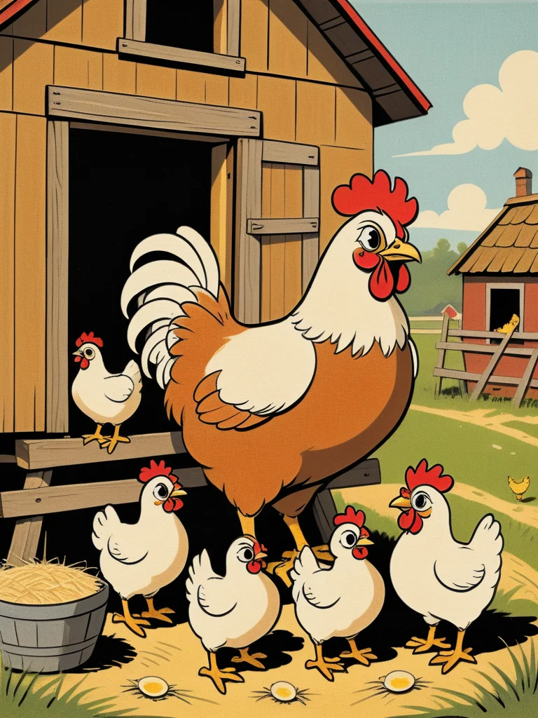 (old cartoon illustration:1.1) of
a beautiful hen with her three children on a bale of straw in a chicken coop, typical country life,
<lora:A_RubberHose_Character_v2_SDXL:1.2> rubber_hose_character,