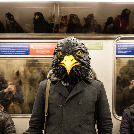 <lora:SDXL_Mask_Sa_May:1> mask, a man in a black bird mask on a subway train