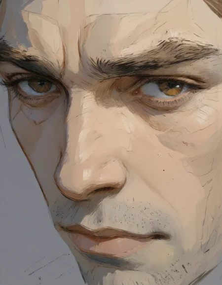 Close up portrait in Ev Ganin II style.
This image is a highly detailed, surreal digital painting that features a close-up portrait of a man with a hauntingly serene expression. The artwork is rendered in a meticulous, watercolor-like style with soft, flowing lines and a blend of earthy tones. The subject's face is a study in serene, almost ethereal beauty, with closed eyes and a gentle, contemplative expression. <lora:Ganin_II:1.0>
