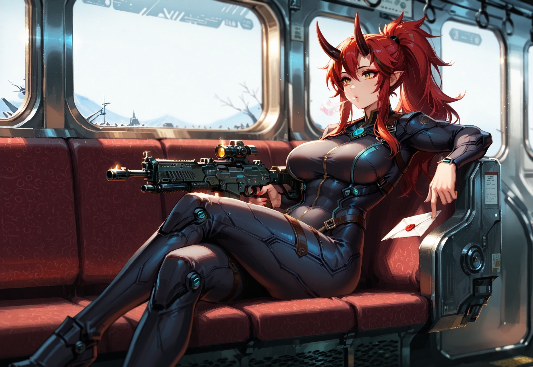 safe_pos, klskx ,  in the style of ck-sfc,
masterpiece, best quality, amazing quality, of the interior of an old train with 
1girl, blowing holding a sci-fi rifle on her legs, wearing an advance neon lighted bodysuit, duthc angle,red hair, blurry campaign from traing window, golden eyes,  depth of field, modern times,  solo, an empty seat next to her with a letter on the seat, masterpiece,best quality,mature female,curvy, Oni, Reika, Zeriastra, Skybreaker,1girl, solo, adult, tall female, golden eyes, red makeup, red hair, streaked hair, long hair ponytail, ponytail, short hairs, red and black horns, spiky horns, breasts, muscular, (thick thighs:0.6), (strenous look:0.9)
