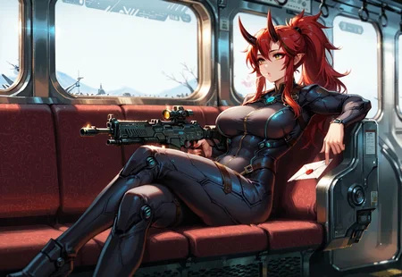 safe_pos, klskx , in the style of ck-sfc,
masterpiece, best quality, amazing quality, of the interior of an old train with
1girl, blowing holding a sci-fi rifle on her legs, wearing an advance neon lighted bodysuit, duthc angle,red hair, blurry campaign from traing window, golden eyes, depth of field, modern times, solo, an empty seat next to her with a letter on the seat, masterpiece,best quality,mature female,curvy, Oni, Reika, Zeriastra, Skybreaker,1girl, solo, adult, tall female, golden eyes, red makeup, red hair, streaked hair, long hair ponytail, ponytail, short hairs, red and black horns, spiky horns, breasts, muscular, (thick thighs:0.6), (strenous look:0.9)
