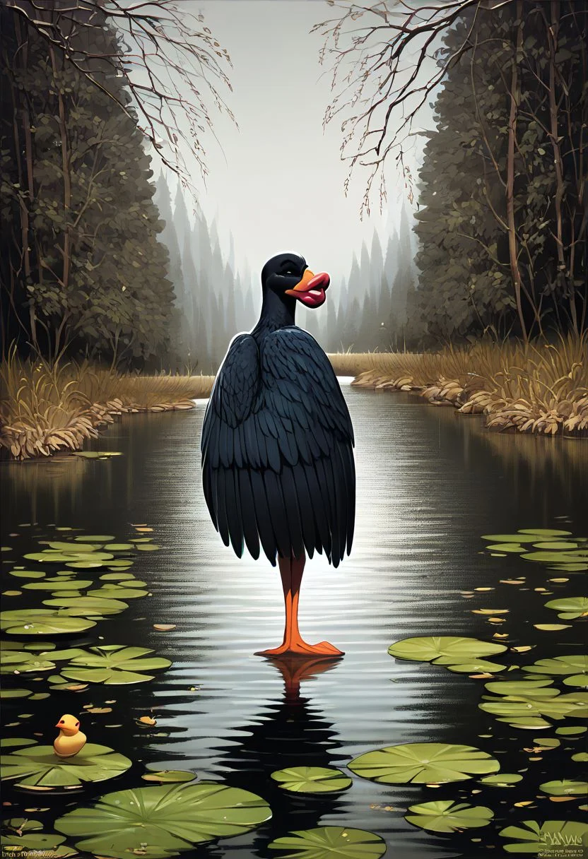score_9, score_8_up, score_7_up, score_6_up, score_5_up, score_4_up, rating_safe,tpdne,source_cartoon,no humans,duck,bird,thick lips,wings,standing,solo.outdoors,pond,animal focus